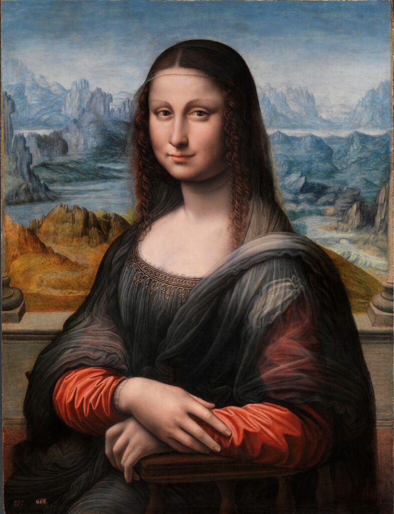 The restored copy of the Mona Lisa in the Museo del Prado, Madrid. The work is believed to have been made by an apprentice of Leonardo, at the same time as the original.