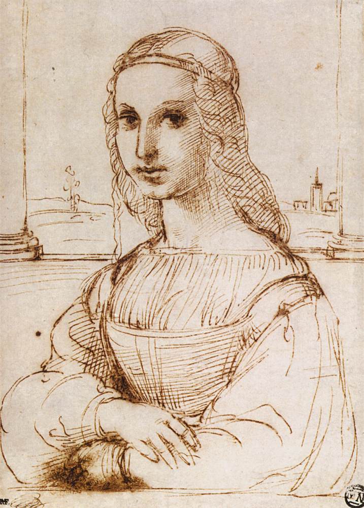 Raphael's drawing (c. 1505), after Leonardo; today in the Louvre along with the Mona Lisa