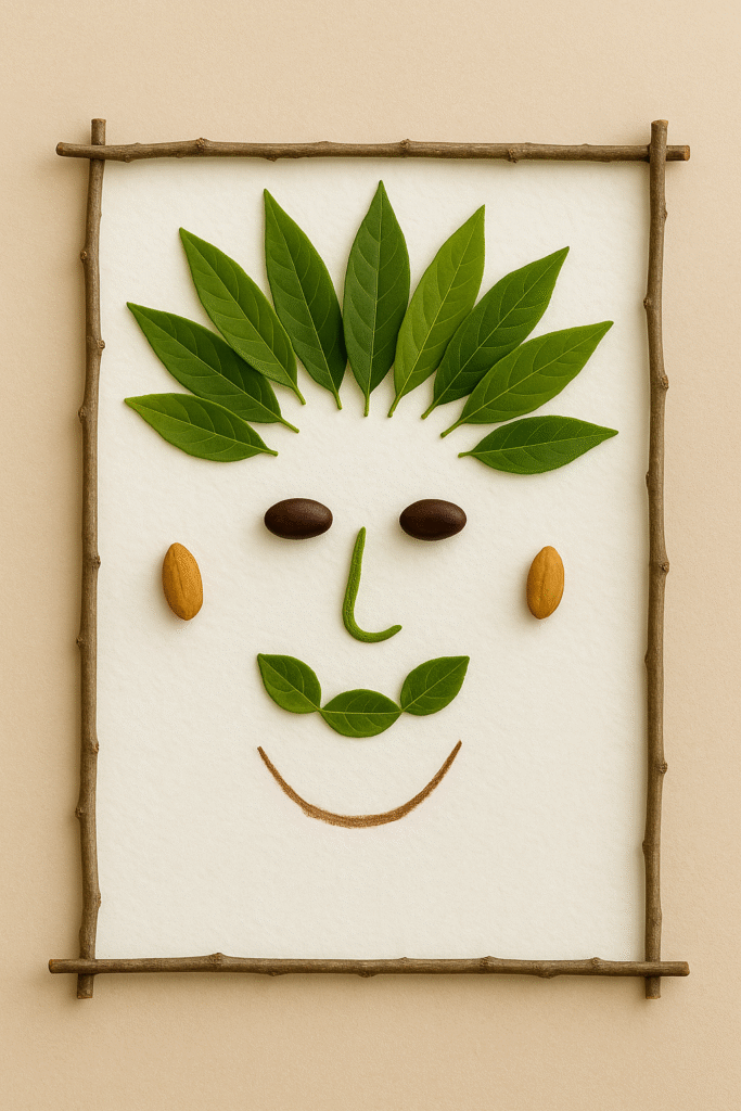 an artwork or craft using leaves, seeds, or other natural things found at home