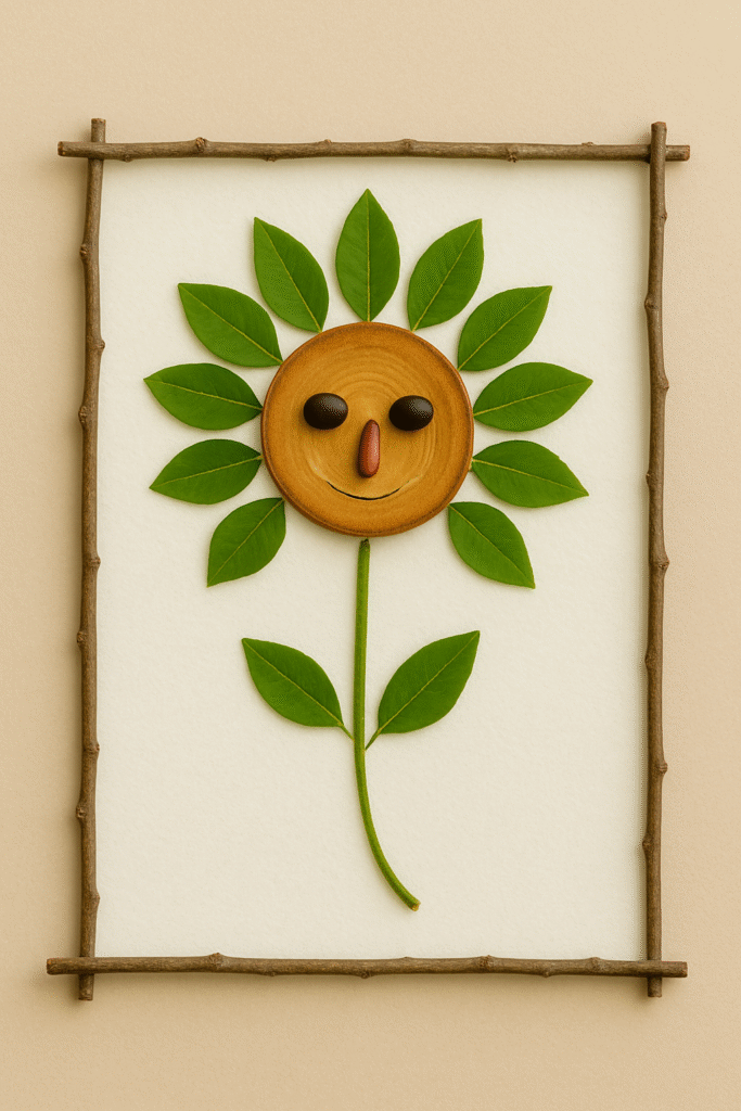 an artwork or craft using leaves, seeds, or other natural things found at home