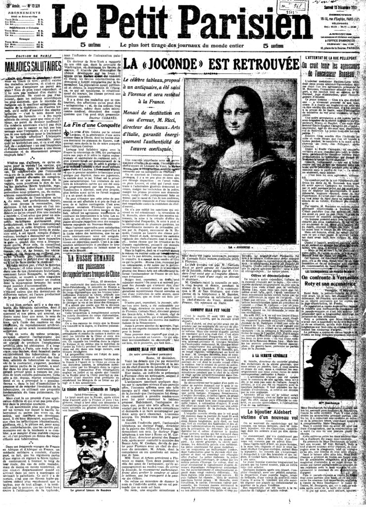 “Mona Lisa is Found”, Le Petit Parisien, December 13, 1913