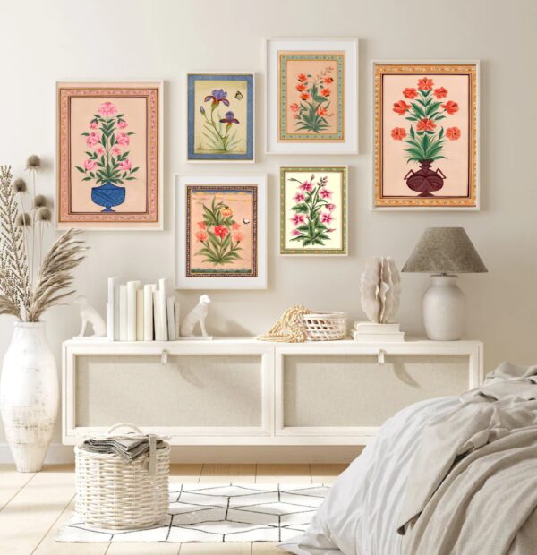 Indian Floral Art, Indian Vintage Art set of 6, Indian Vintage Wall Art, Indian Art, Mughal Art Set, Indian Living Room Gift, Indian Poster