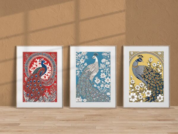 Peacock Print Set of 3, Indian Art, Indian Traditional Art, Peacock Wall Art, Peacock Art Print, Indian Living Room Gift,Peacock Art Poster