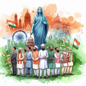 indian independence day ,clip art ,water color with bharat mata statue