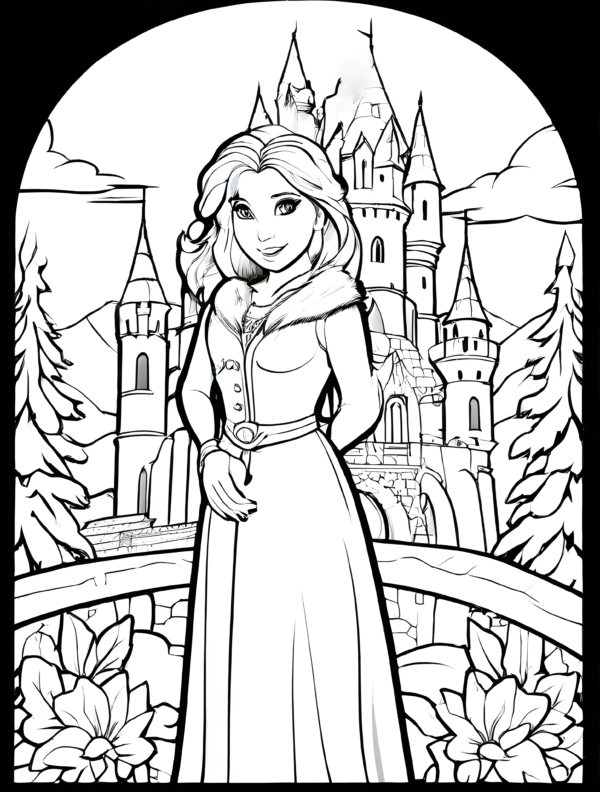 a-simple-coloring-pages-of-frozen-anna-in-castle-in-thick-black-outline-in-white-background