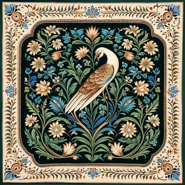 Mughal Miniature Pattern With Wide Border & peacock in The Middle | Islamic Art