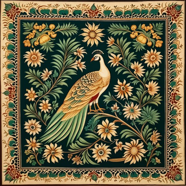 Mughal Miniature Pattern With Wide Border & peacock in The Middle | Islamic Art