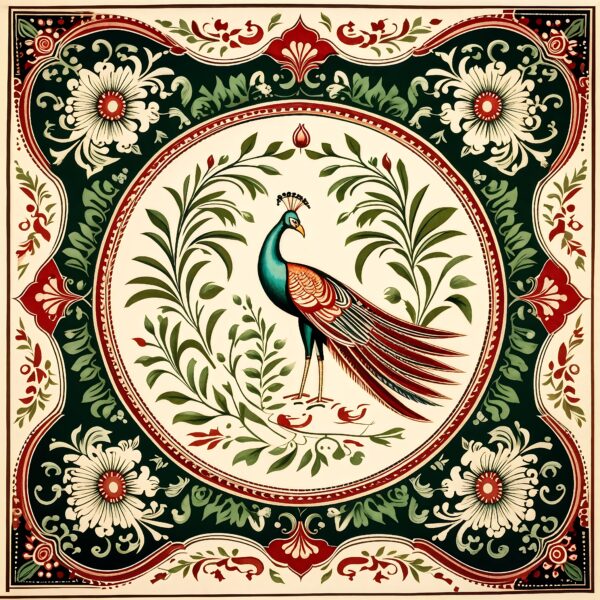 Mughal Miniature Pattern With Wide Border & peacock in The Middle | Islamic Art