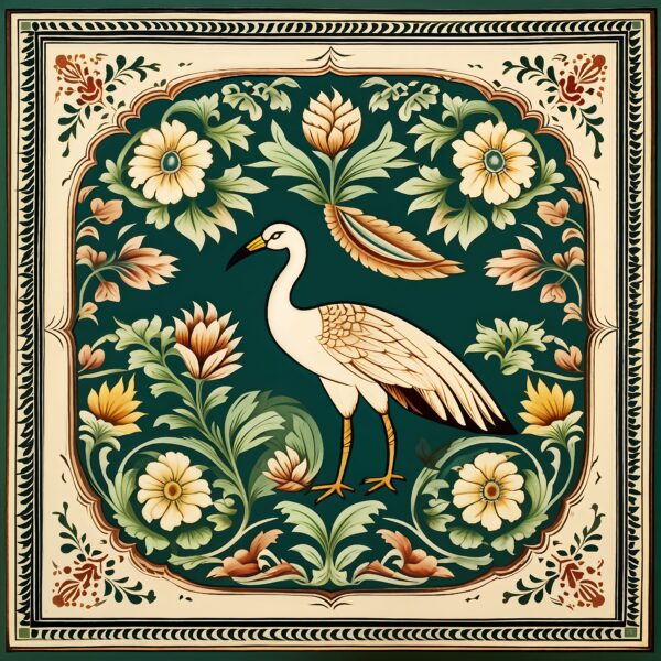 Mughal Miniature Pattern With Wide Border & peacock in The Middle | Islamic Art