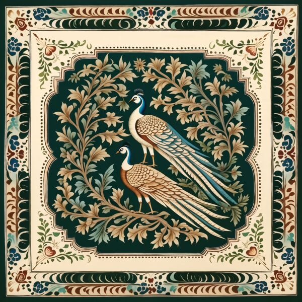 Mughal Miniature Pattern With Wide Border & peacock in The Middle | Islamic Art