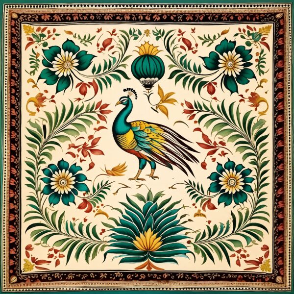 Mughal Miniature Pattern With Wide Border & peacock in The Middle | Islamic Art