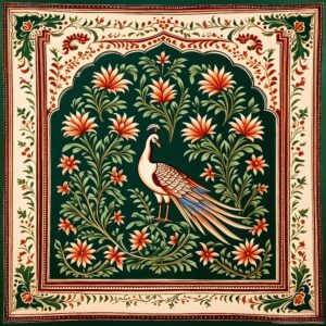 Mughal Miniature Pattern With Wide Border & peacock in The Middle | Islamic Art