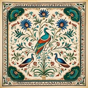 Mughal Miniature Pattern With Wide Border & peacock in The Middle | Islamic Art