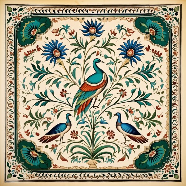 Mughal Miniature Pattern With Wide Border & peacock in The Middle | Islamic Art