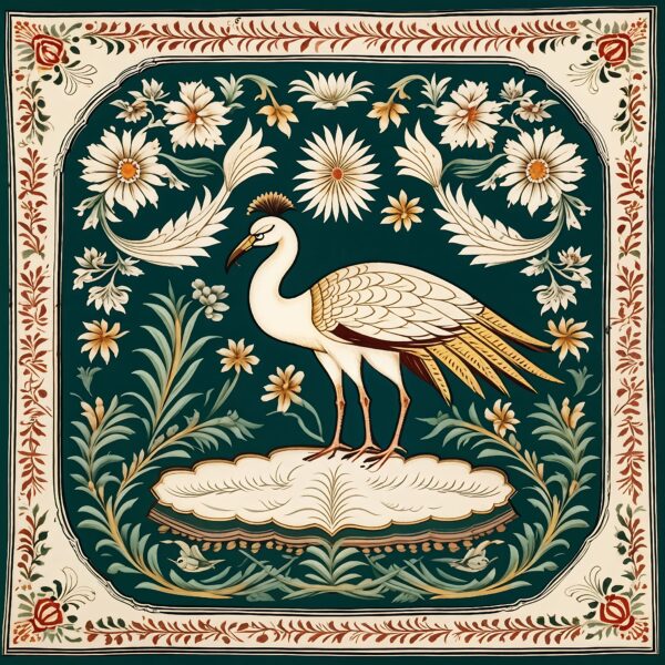 Mughal Miniature Pattern With Wide Border & peacock in The Middle | Islamic Art