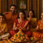 Happy govardhan puja indian festival celebration greeting background,Families celebrating Goverdhan Puja,Devotees arranging Annakut food offerings in front of Lord Krishna idol,Families celebrating Goverdhan Puja at home with traditional rituals