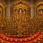 Happy govardhan puja indian festival celebration greeting background,Families celebrating Goverdhan Puja,Devotees arranging Annakut food offerings in front of Lord Krishna idol,Families celebrating Goverdhan Puja at home with traditional rituals