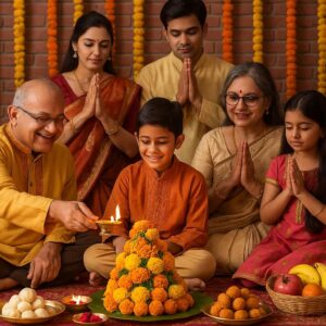 Happy govardhan puja indian festival celebration greeting background,Families celebrating Goverdhan Puja,Devotees arranging Annakut food offerings in front of Lord Krishna idol,Families celebrating Goverdhan Puja at home with traditional rituals