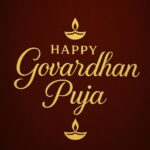 Elegant Annakut greeting card, Happy govardhan puja indian festival celebration greeting background,Families celebrating Goverdhan Puja,Devotees arranging Annakut food offerings in front of Lord Krishna idol,Families celebrating Goverdhan Puja at home with traditional rituals