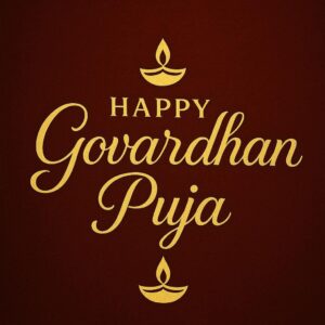 Elegant Annakut greeting card, Happy govardhan puja indian festival celebration greeting background,Families celebrating Goverdhan Puja,Devotees arranging Annakut food offerings in front of Lord Krishna idol,Families celebrating Goverdhan Puja at home with traditional rituals
