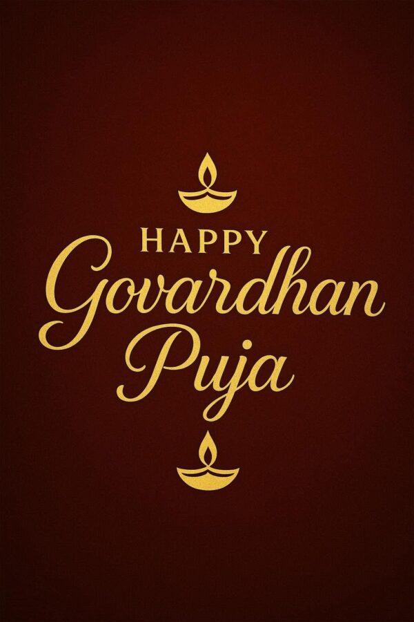 Elegant Annakut greeting card, Happy govardhan puja indian festival celebration greeting background,Families celebrating Goverdhan Puja,Devotees arranging Annakut food offerings in front of Lord Krishna idol,Families celebrating Goverdhan Puja at home with traditional rituals