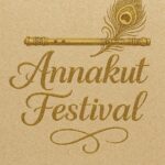 Elegant Annakut greeting card, Happy govardhan puja indian festival celebration greeting background,Families celebrating Goverdhan Puja,Devotees arranging Annakut food offerings in front of Lord Krishna idol,Families celebrating Goverdhan Puja at home with traditional rituals