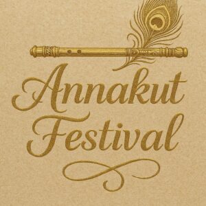 Elegant Annakut greeting card, Happy govardhan puja indian festival celebration greeting background,Families celebrating Goverdhan Puja,Devotees arranging Annakut food offerings in front of Lord Krishna idol,Families celebrating Goverdhan Puja at home with traditional rituals