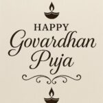 Elegant Annakut greeting card, Happy govardhan puja indian festival celebration greeting background,Families celebrating Goverdhan Puja,Devotees arranging Annakut food offerings in front of Lord Krishna idol,Families celebrating Goverdhan Puja at home with traditional rituals