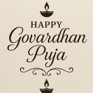 Elegant Annakut greeting card, Happy govardhan puja indian festival celebration greeting background,Families celebrating Goverdhan Puja,Devotees arranging Annakut food offerings in front of Lord Krishna idol,Families celebrating Goverdhan Puja at home with traditional rituals