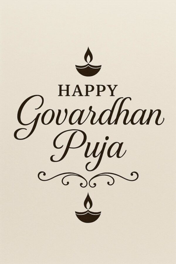 Elegant Annakut greeting card, Happy govardhan puja indian festival celebration greeting background,Families celebrating Goverdhan Puja,Devotees arranging Annakut food offerings in front of Lord Krishna idol,Families celebrating Goverdhan Puja at home with traditional rituals