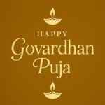 Elegant Annakut greeting card, Happy govardhan puja indian festival celebration greeting background,Families celebrating Goverdhan Puja,Devotees arranging Annakut food offerings in front of Lord Krishna idol,Families celebrating Goverdhan Puja at home with traditional rituals