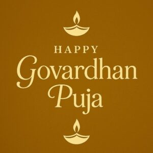 Elegant Annakut greeting card, Happy govardhan puja indian festival celebration greeting background,Families celebrating Goverdhan Puja,Devotees arranging Annakut food offerings in front of Lord Krishna idol,Families celebrating Goverdhan Puja at home with traditional rituals