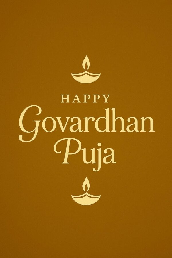 Elegant Annakut greeting card, Happy govardhan puja indian festival celebration greeting background,Families celebrating Goverdhan Puja,Devotees arranging Annakut food offerings in front of Lord Krishna idol,Families celebrating Goverdhan Puja at home with traditional rituals