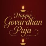 Elegant Annakut greeting card, Happy govardhan puja indian festival celebration greeting background,Families celebrating Goverdhan Puja,Devotees arranging Annakut food offerings in front of Lord Krishna idol,Families celebrating Goverdhan Puja at home with traditional rituals