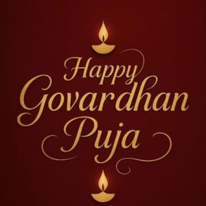 Elegant Annakut greeting card, Happy govardhan puja indian festival celebration greeting background,Families celebrating Goverdhan Puja,Devotees arranging Annakut food offerings in front of Lord Krishna idol,Families celebrating Goverdhan Puja at home with traditional rituals