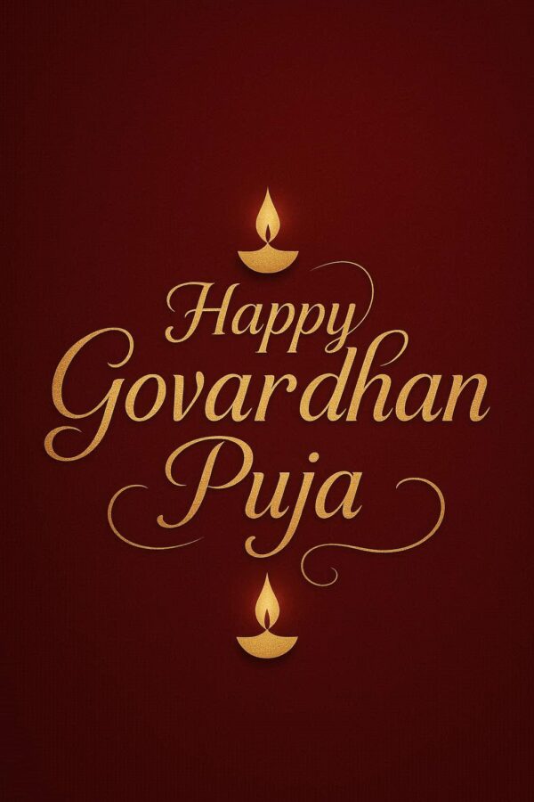Elegant Annakut greeting card, Happy govardhan puja indian festival celebration greeting background,Families celebrating Goverdhan Puja,Devotees arranging Annakut food offerings in front of Lord Krishna idol,Families celebrating Goverdhan Puja at home with traditional rituals
