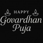Elegant Annakut greeting card, Happy govardhan puja indian festival celebration greeting background,Families celebrating Goverdhan Puja,Devotees arranging Annakut food offerings in front of Lord Krishna idol,Families celebrating Goverdhan Puja at home with traditional rituals