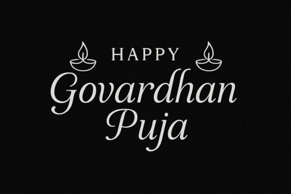Elegant Annakut greeting card, Happy govardhan puja indian festival celebration greeting background,Families celebrating Goverdhan Puja,Devotees arranging Annakut food offerings in front of Lord Krishna idol,Families celebrating Goverdhan Puja at home with traditional rituals