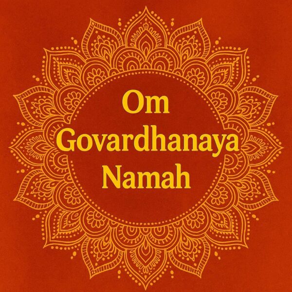 Elegant Annakut greeting card, Happy govardhan puja indian festival celebration greeting background,Families celebrating Goverdhan Puja,Devotees arranging Annakut food offerings in front of Lord Krishna idol,Families celebrating Goverdhan Puja at home with traditional rituals