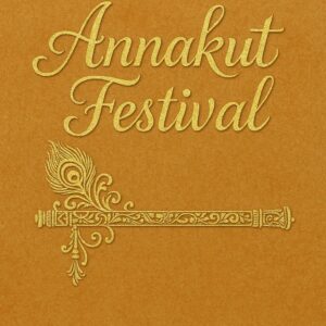 Elegant Annakut greeting card, Happy govardhan puja indian festival celebration greeting background,Families celebrating Goverdhan Puja,Devotees arranging Annakut food offerings in front of Lord Krishna idol,Families celebrating Goverdhan Puja at home with traditional rituals