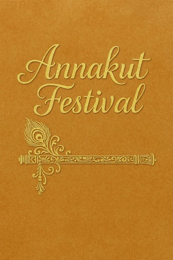 Elegant Annakut greeting card, Happy govardhan puja indian festival celebration greeting background,Families celebrating Goverdhan Puja,Devotees arranging Annakut food offerings in front of Lord Krishna idol,Families celebrating Goverdhan Puja at home with traditional rituals