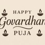 Elegant Annakut greeting card, Happy govardhan puja indian festival celebration greeting background,Families celebrating Goverdhan Puja,Devotees arranging Annakut food offerings in front of Lord Krishna idol,Families celebrating Goverdhan Puja at home with traditional rituals