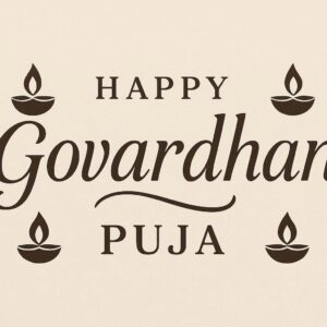 Elegant Annakut greeting card, Happy govardhan puja indian festival celebration greeting background,Families celebrating Goverdhan Puja,Devotees arranging Annakut food offerings in front of Lord Krishna idol,Families celebrating Goverdhan Puja at home with traditional rituals
