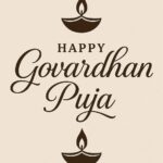 Elegant Annakut greeting card, Happy govardhan puja indian festival celebration greeting background,Families celebrating Goverdhan Puja,Devotees arranging Annakut food offerings in front of Lord Krishna idol,Families celebrating Goverdhan Puja at home with traditional rituals