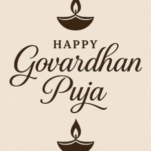 Elegant Annakut greeting card, Happy govardhan puja indian festival celebration greeting background,Families celebrating Goverdhan Puja,Devotees arranging Annakut food offerings in front of Lord Krishna idol,Families celebrating Goverdhan Puja at home with traditional rituals