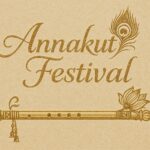 Elegant Annakut greeting card, Happy govardhan puja indian festival celebration greeting background,Families celebrating Goverdhan Puja,Devotees arranging Annakut food offerings in front of Lord Krishna idol,Families celebrating Goverdhan Puja at home with traditional rituals