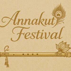 Elegant Annakut greeting card, Happy govardhan puja indian festival celebration greeting background,Families celebrating Goverdhan Puja,Devotees arranging Annakut food offerings in front of Lord Krishna idol,Families celebrating Goverdhan Puja at home with traditional rituals