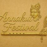Elegant Annakut greeting card, Happy govardhan puja indian festival celebration greeting background,Families celebrating Goverdhan Puja,Devotees arranging Annakut food offerings in front of Lord Krishna idol,Families celebrating Goverdhan Puja at home with traditional rituals