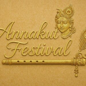 Elegant Annakut greeting card, Happy govardhan puja indian festival celebration greeting background,Families celebrating Goverdhan Puja,Devotees arranging Annakut food offerings in front of Lord Krishna idol,Families celebrating Goverdhan Puja at home with traditional rituals