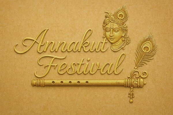 Elegant Annakut greeting card, Happy govardhan puja indian festival celebration greeting background,Families celebrating Goverdhan Puja,Devotees arranging Annakut food offerings in front of Lord Krishna idol,Families celebrating Goverdhan Puja at home with traditional rituals